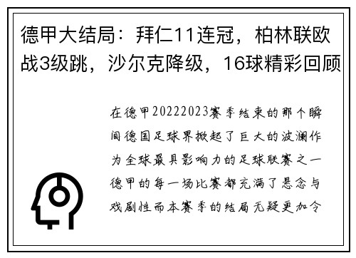 德甲大结局：拜仁11连冠，柏林联欧战3级跳，沙尔克降级，16球精彩回顾