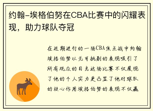 约翰-埃格伯努在CBA比赛中的闪耀表现，助力球队夺冠